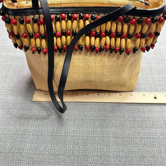 Boho Cole Haan Woven Straw Tote Purse Wooden Beads Beach Vacation Artistic New - Picture 7 of 11